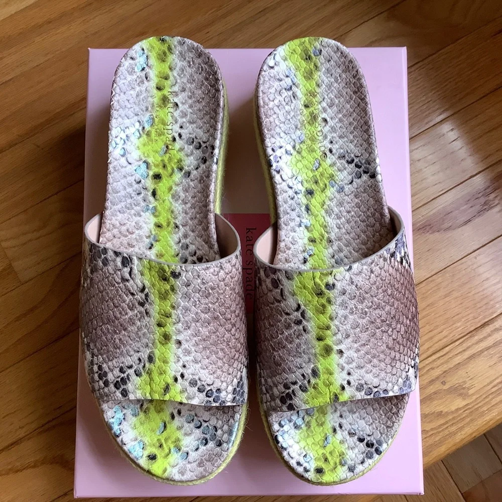 Kate Spade Zia Platform Croc Embossed Leather Slide Sandals Lemon SZ 9